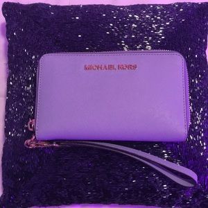 MK phone wallet, sky blue and gold hardware